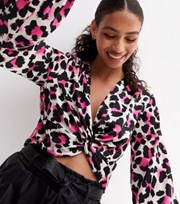 New Look Pink Leopard Print Satin V Neck Twist Front Crop Top